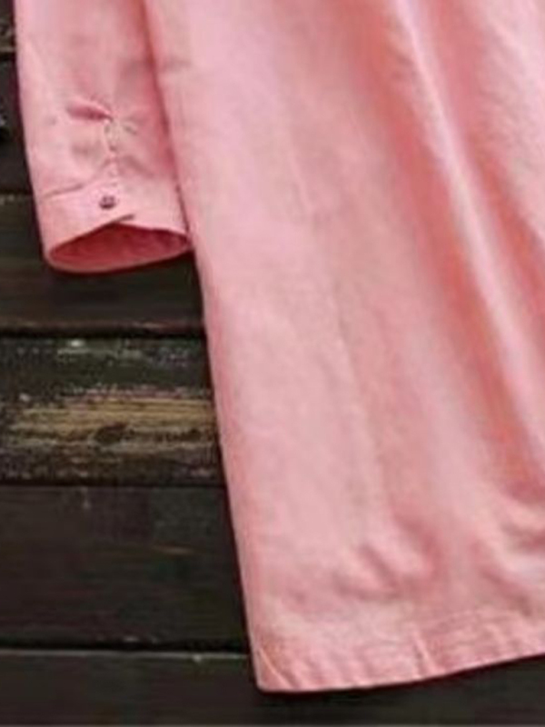 New Solid Color Henley Collar Button Open Long Sleeve Shirt Style Midi Dress - Image 7