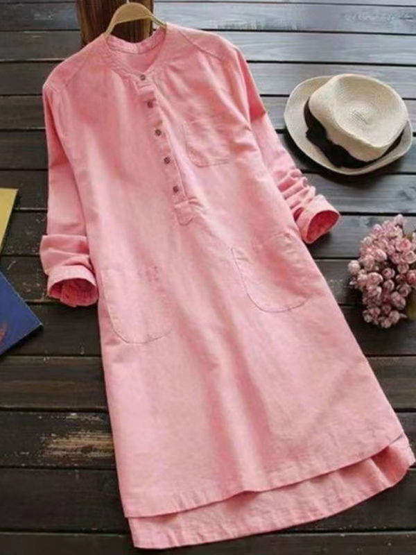 New Solid Color Henley Collar Button Open Long Sleeve Shirt Style Midi Dress - Image 2