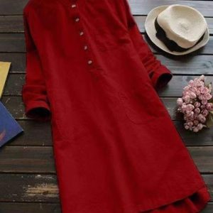 New Solid Color Henley Collar Button Open Long Sleeve Shirt Style Midi Dress