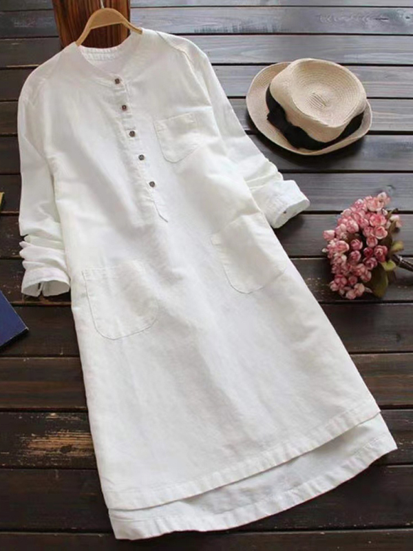 New Solid Color Henley Collar Button Open Long Sleeve Shirt Style Midi Dress - Image 3