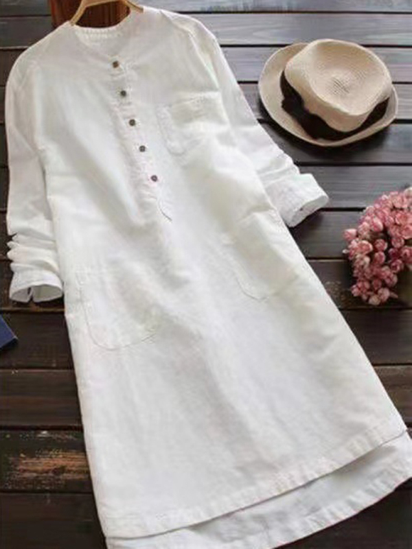 New Solid Color Henley Collar Button Open Long Sleeve Shirt Style Midi Dress - Image 11