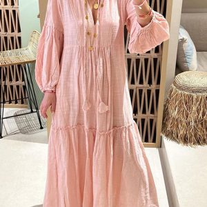 Women's Fashionable V-Neck Puff Sleeve Bohemian Cotton and Linen Dress