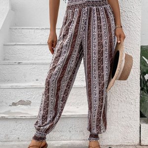 Women's new elastic trousers ethnic style high waist printed trousers