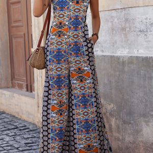 Women's backless printed suspenders wide-leg ethnic style jumpsuit