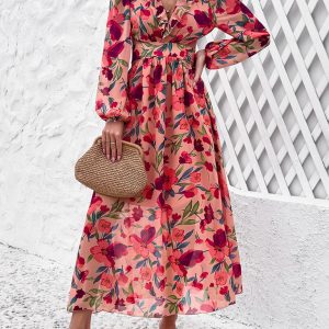 New women's V-neck ruffled waist hollow holiday casual printed dress