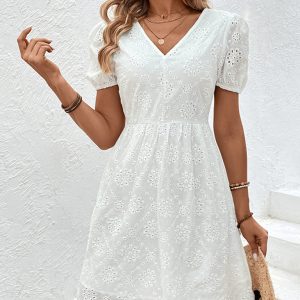 Women's new v-neck puff sleeve white dress