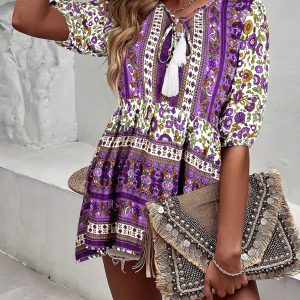 Women's new tassel V-neck printed casual resort style top