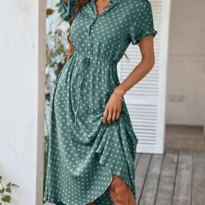 New women's all-match shirt collar polka dot waist waist dress