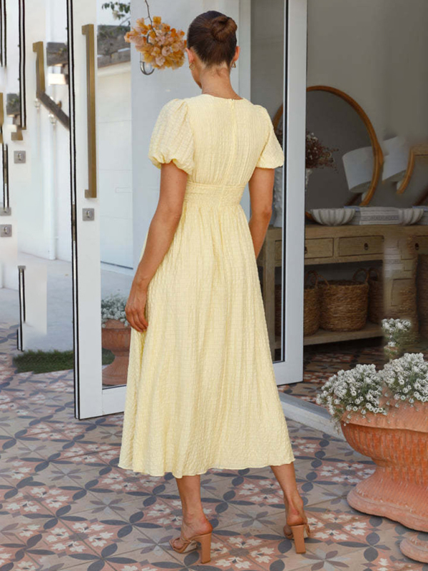 Women's New Solid Color V-Neck Long Puff Sleeve Oversized Waist Dress - Image 13