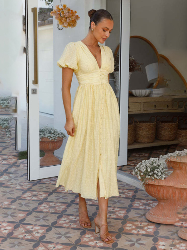 Women's New Solid Color V-Neck Long Puff Sleeve Oversized Waist Dress - Image 15