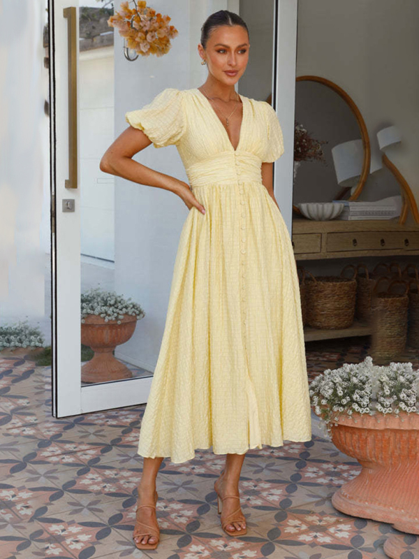 Women's New Solid Color V-Neck Long Puff Sleeve Oversized Waist Dress - Image 14