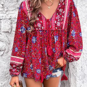 Women's Casual Spring and Summer Vacation Bohemian Print Lace-up Long Sleeve Shirt
