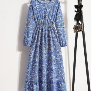 Long sleeve round neck waist slimming floral chiffon long dress