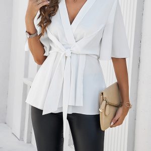 Women's solid color elegant short sleeve strappy tunic top