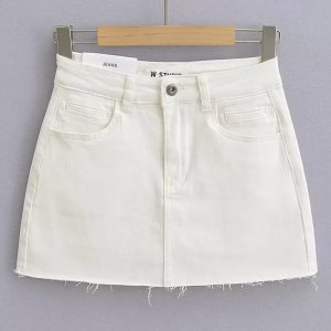 Hot girl's high-waist elastic hip-covering slim-fit anti-exposure raw edge A-line denim skirt