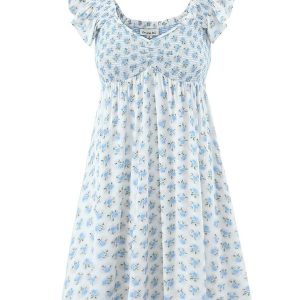 New style flying sleeve elastic pleated V-neck blue floral dress