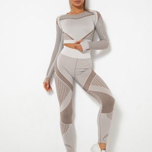 Seamless tight striped long-sleeved pants quick-drying yoga wear sportswear set