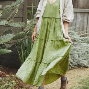 Women's Fashionable Sleeveless Solid Color Cotton and Linen Dress