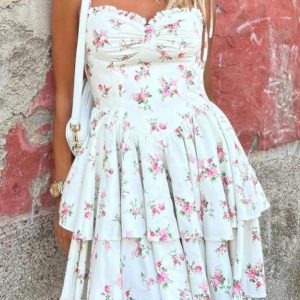 Lace printed lace-up layered waist suspender dress