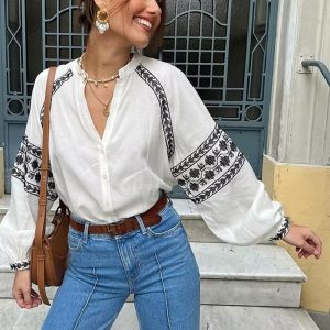 New women's fashionable versatile cross-stitch personalized contrasting shirt