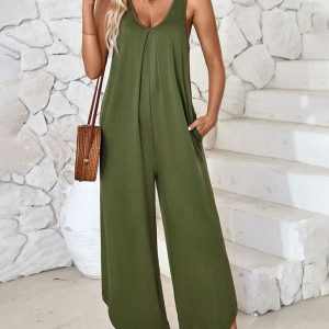 Casual sleeveless V-neck wide-leg jumpsuit with pockets