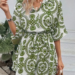 Women's Printed Batwing Sleeve Casual Shirt Jumpsuit