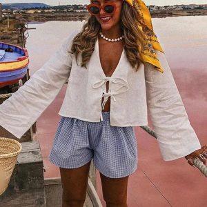 Women's casual deep V bell sleeve strappy top