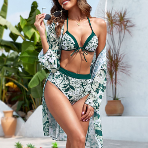 New bikini botanical print lace-up resort swimsuit three-piece set
