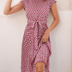 Women's Elegant Short Sleeve Lace Up Pleated Print Dress