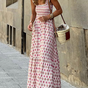 Women's elegant printed elastic suspender skirt holiday style French floral suspender long dress