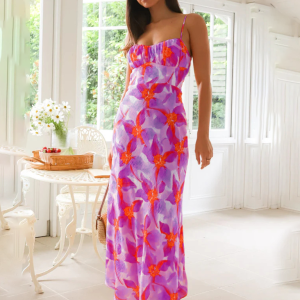 Fresh and sweet summer floral print backless midi dress