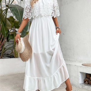 Off-the-shoulder guipure lace paneled ruffle hem dress
