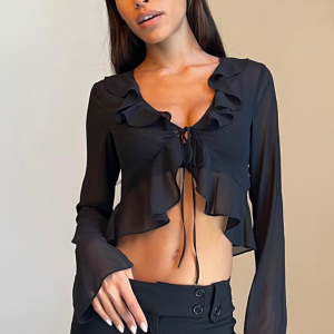 New style ruffled lace-up deep V-neck long-sleeved transparent top