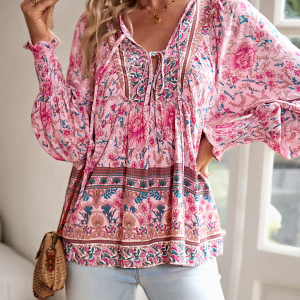 New casual printed v-neck long-sleeved top