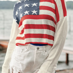 Women's Independence Day Striped Colorblock Thin Knit Sweater