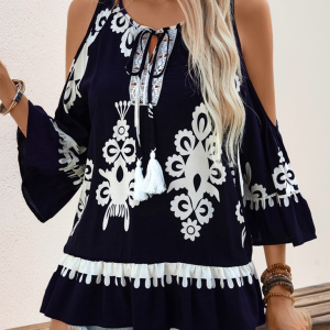 New Retro Comfortable Cold Shoulder Shirt Lace-up Tassel Lace-up Shirt