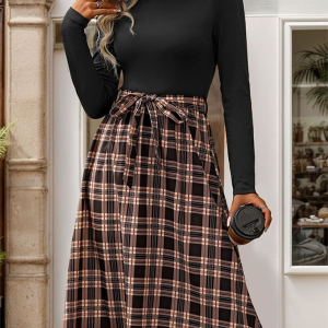 New style stand-up collar slim fit elegant plaid long skirt splicing dress