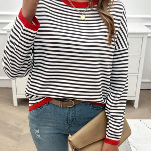 Women's Temperament Casual Round Neck Striped Sweater