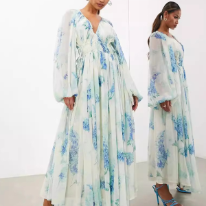 Women's V-neck see-through pleated waist drawstring long-sleeved printed chiffon dress