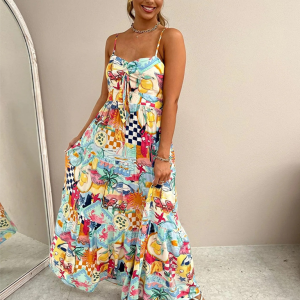 New suspender print dress INS loose holiday casual elastic dress