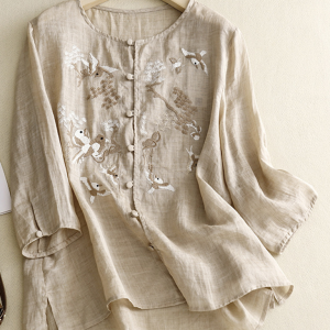 Heavy Embroidery Shirt Women's Round Neck Thin Slit Retro Linen Top