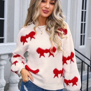 Ladies new round neck long sleeve knitted cardigan bow sweater
