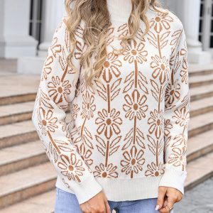 Women's high collar floral long sleeve sweater