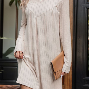 New style brushed striped knitted skirt long sleeve pleated patchwork dress