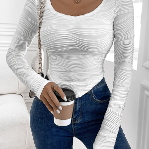 New women's round neck slim fit sexy curved texture long sleeve T-shirt top