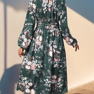 New retro print elegant high waist long sleeve stand collar dress