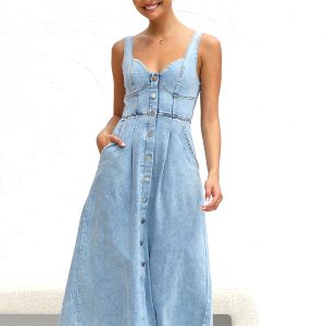 Light blue denim buttoned suspender midi skirt