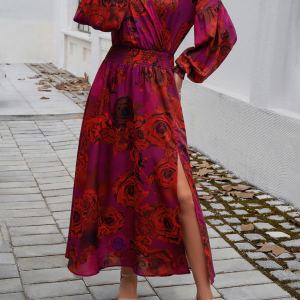 Women's Elegant V-neck High Waist Printed Dress