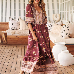 Bohemian Print Sexy V-Neck Button-Down Dress