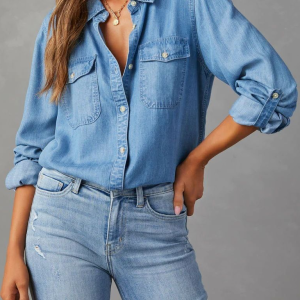 Casual lapel single-breasted long-sleeved denim shirt